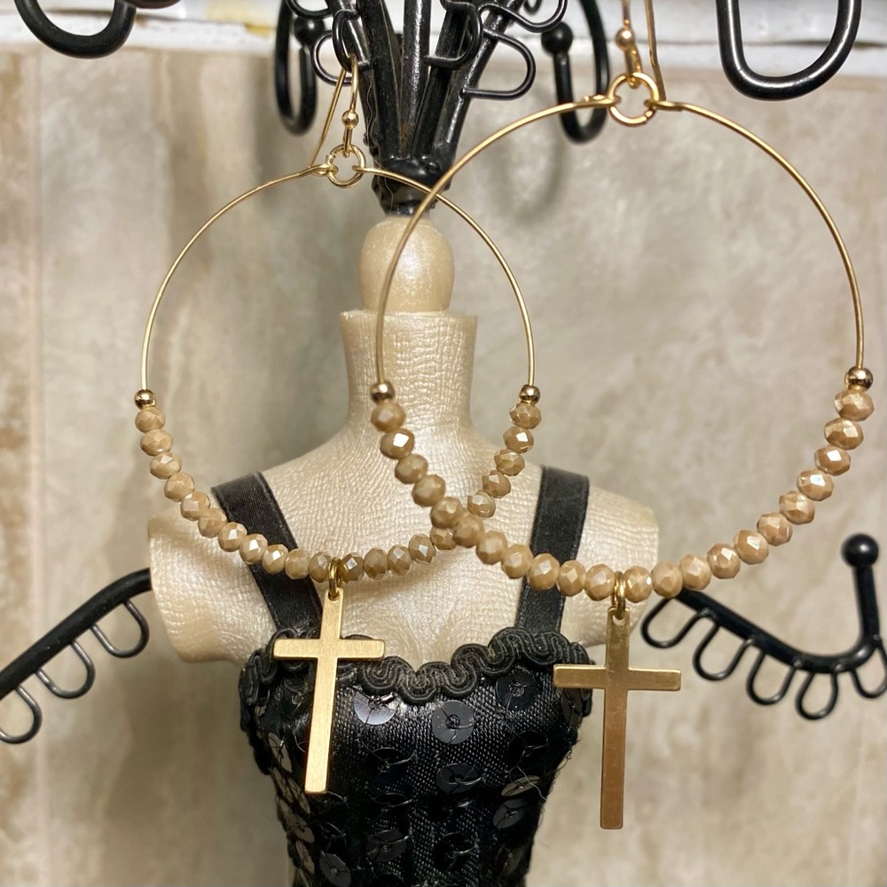 Hoop earrings with Cross &Champagne colored beads
